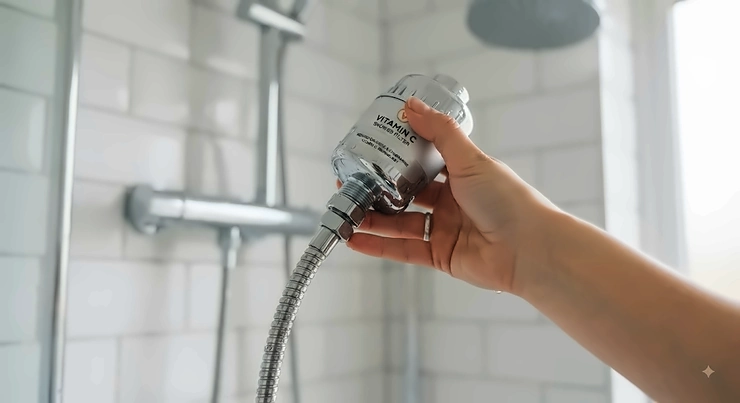Close-up of a person easily installing a vitamin C shower filter onto a standard British shower hose