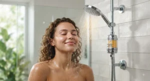 A person enjoying a refreshing shower with a vitamin C filter, focusing on the skincare benefits of neutralising chlorine
