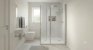 Walk-in shower enclosure with a hinged return panel designed for easy access in a narrow small bathroom.