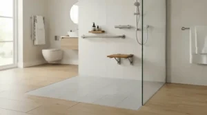 An accessible anti-slip shower tray offering safe level-access showering for all ages