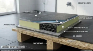 Cross-section diagram highlighting the durable layers of an acrylic-capped slimline shower tray