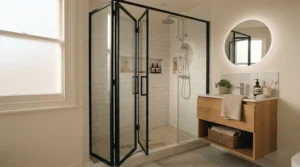 Space-saving folding glass doors on a compact domestic washing cubicle.