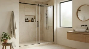 Compact corner washing area with sliding glass doors, ideal for smaller British homes.