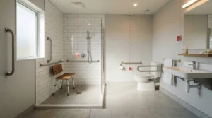 A care home bathroom featuring a durable anti-slip shower tray for elderly resident care