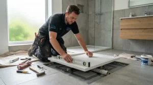 An engineer carefully fitting an anti-slip shower tray for elderly users during a bathroom adaptation