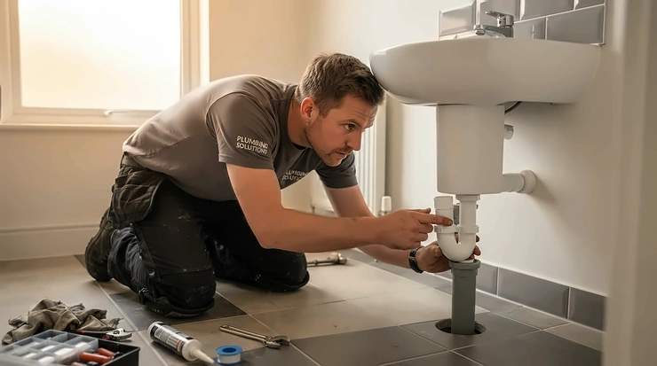 A plumber checking the drainage slope of a new anti-slip shower tray for elderly home improvements