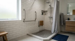 An anti-slip shower tray for elderly safety paired with securely wall-mounted chrome grab rails