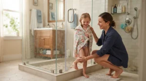 Children stepping out safely onto an anti-slip shower tray in a busy family home