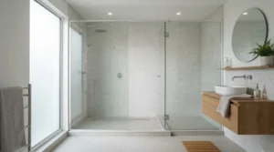 Modern bi-fold shower door enclosure installed in a contemporary British bathroom