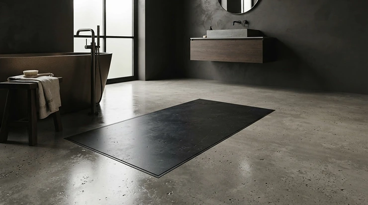 Dark black slate-effect slimline shower tray paired with modern chrome brassware