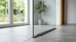 Minimalist frameless glass screen creating an open-plan washing zone in a modern flat.