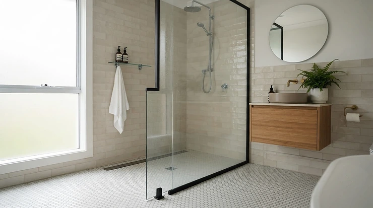 A neatly fitted glass washing enclosure with a polished silver frame in a bright en-suite. shower enclosure under £300
