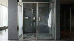 Polished chrome frame bi-fold shower enclosure paired with contemporary brassware