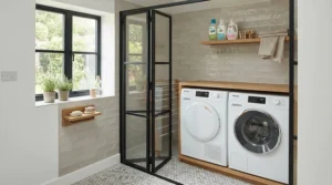 Space-saving bi-fold shower door enclosure in a small London flat bathroom