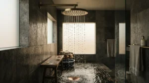 Water flowing smoothly from an overhead head connected to a concealed shower valve system.