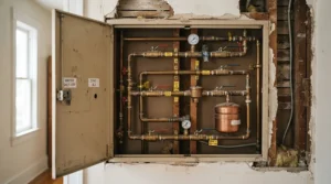 An inspection hatch showing the internal mechanics of a concealed shower valve behind tiles.