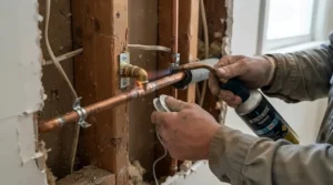 A plumber installing the internal workings of a concealed shower valve behind a partition wall.