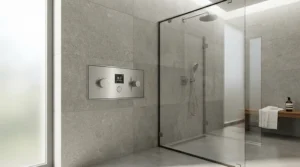 A neat concealed shower valve creating a clutter-free look in a compact en-suite bathroom.