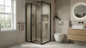 Corner-mounted bi-fold shower enclosure maximising floor space in a flat bathroom