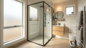 A standard square glass washing cabin installed neatly against neutral bathroom tiles.