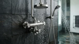A twin-handle concealed shower valve with a diverter controlling both a fixed head and a handset.