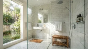 Easy-clean glass bi-fold shower enclosure showing water repellent surface coating