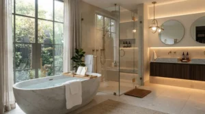 Luxury frameless bi-fold shower door enclosure with minimalist polished brass handles
