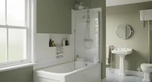 Hinged frameless shower screen fitted securely above a traditional family bathtub