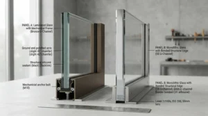 Detailed diagram illustrating the glass thickness difference between a frameless vs framed shower enclosure
