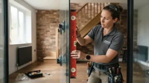 Plumber installing brackets for a frameless vs framed shower enclosure unit