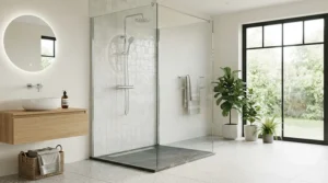 Comparison of frameless vs framed shower enclosure designs in a contemporary British bathroom