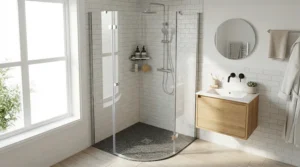 Curved glass washing cubicle maximizing floor space in a modest-sized bathroom.