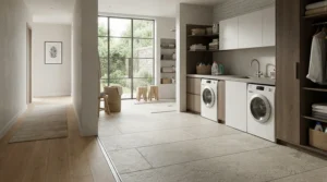 Level-access slimline shower tray providing easy wheelchair entry in an accessible bathroom