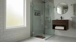 Modern pivot glass door for a domestic washing area, showcasing clean lines and easy access.