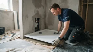 Plumber installing a sleek anti-slip shower tray during a bathroom renovation