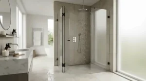 High-end bi-fold shower door enclosure creating a practical wet room partition