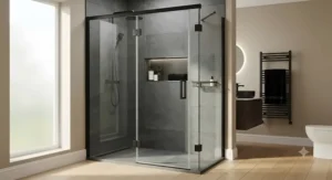 Luxury frameless shower enclosure featuring matt black hardware and clear safety glass