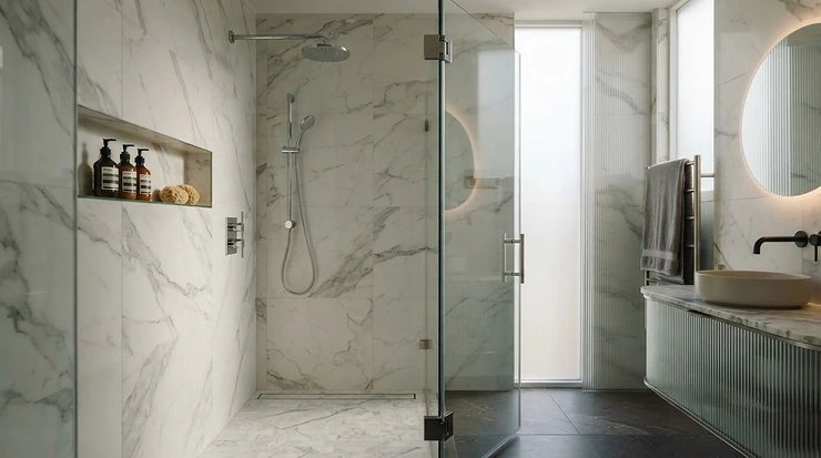 Luxury hotel style bi-fold shower enclosure with premium chrome fixtures and tiling