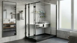 A sleek bi-fold shower enclosure installed in a modern British bathroom with neutral wall tiles