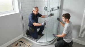 Curved glass doors fitted onto an offset quadrant shower tray for small bathroom configuration