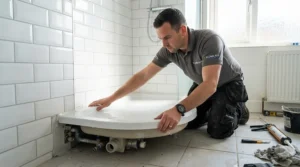 Plumber carefully installing an offset quadrant shower tray for small bathroom in a compact en-suite