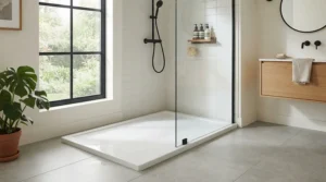 Contemporary home interior highlighting an offset quadrant shower tray for small bathroom setup
