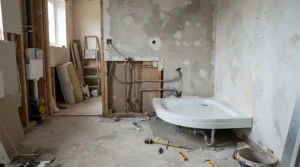 Before and during bathroom renovation highlighting an offset quadrant shower tray for small bathroom placement