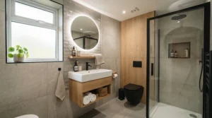 Illustration comparing an offset quadrant shower tray vs quadrant tray in a small family bathroom layout