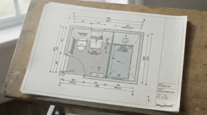 Architectural floor plan layout showing offset quadrant shower tray vs quadrant tray dimensions