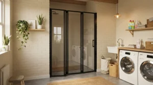 Bi-fold shower enclosure fitted neatly into a recessed bathroom alcove