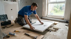 Plumber installing a rectangular slimline shower tray during a bathroom renovation