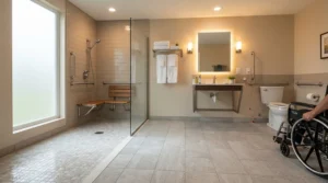 A level-access shower tray for wet room installation providing an inclusive and barrier-free bathroom layout.