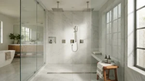 A high-end shower tray for wet room installation featured in a luxury family home setup.