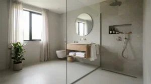 A sleek modern shower tray for wet room installation fitted seamlessly into a contemporary British bathroom.